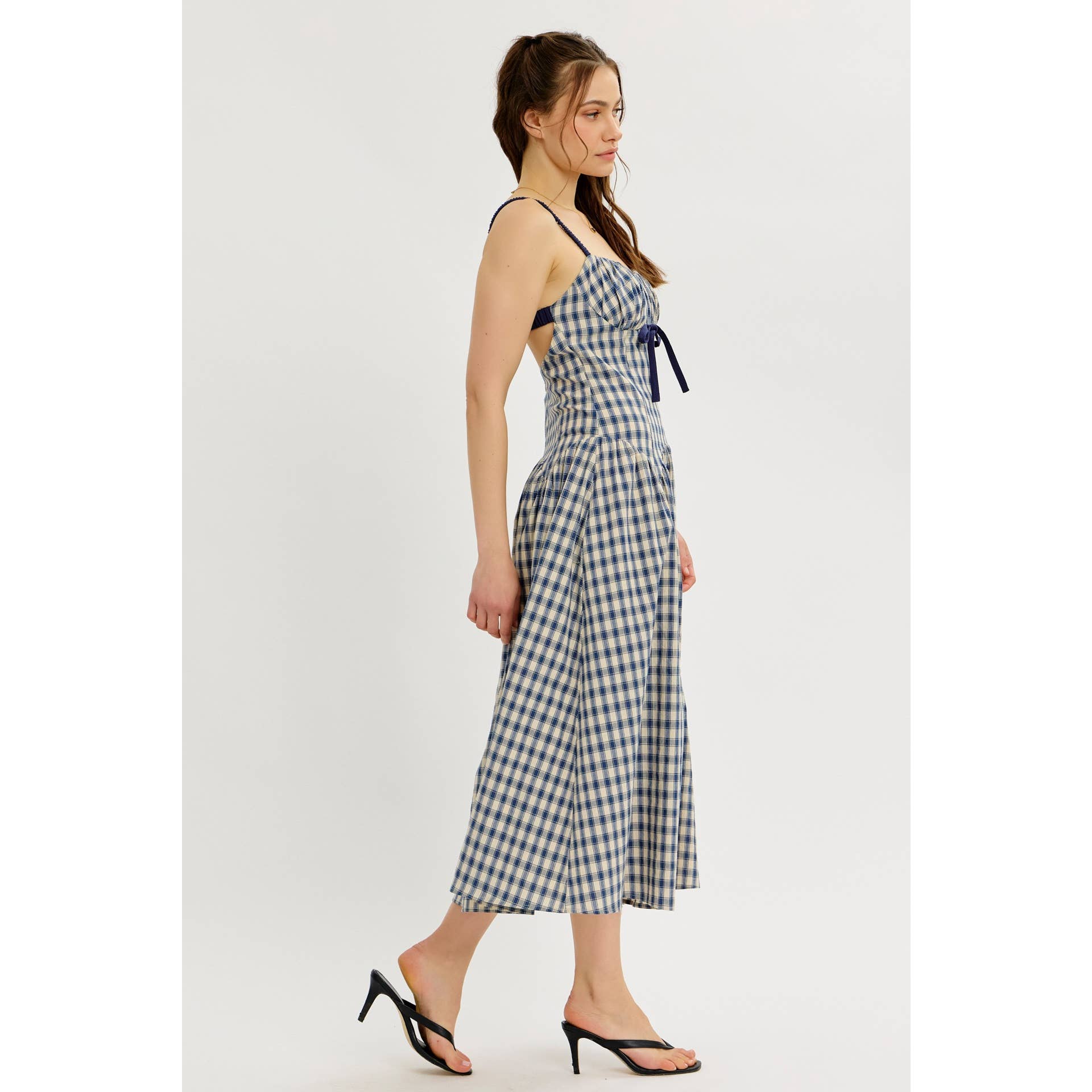 idem ditto - Wholesale Dress - Women's - PLAID MIDI DRESS WITH RUCHED BUST AND OPEN BACK2