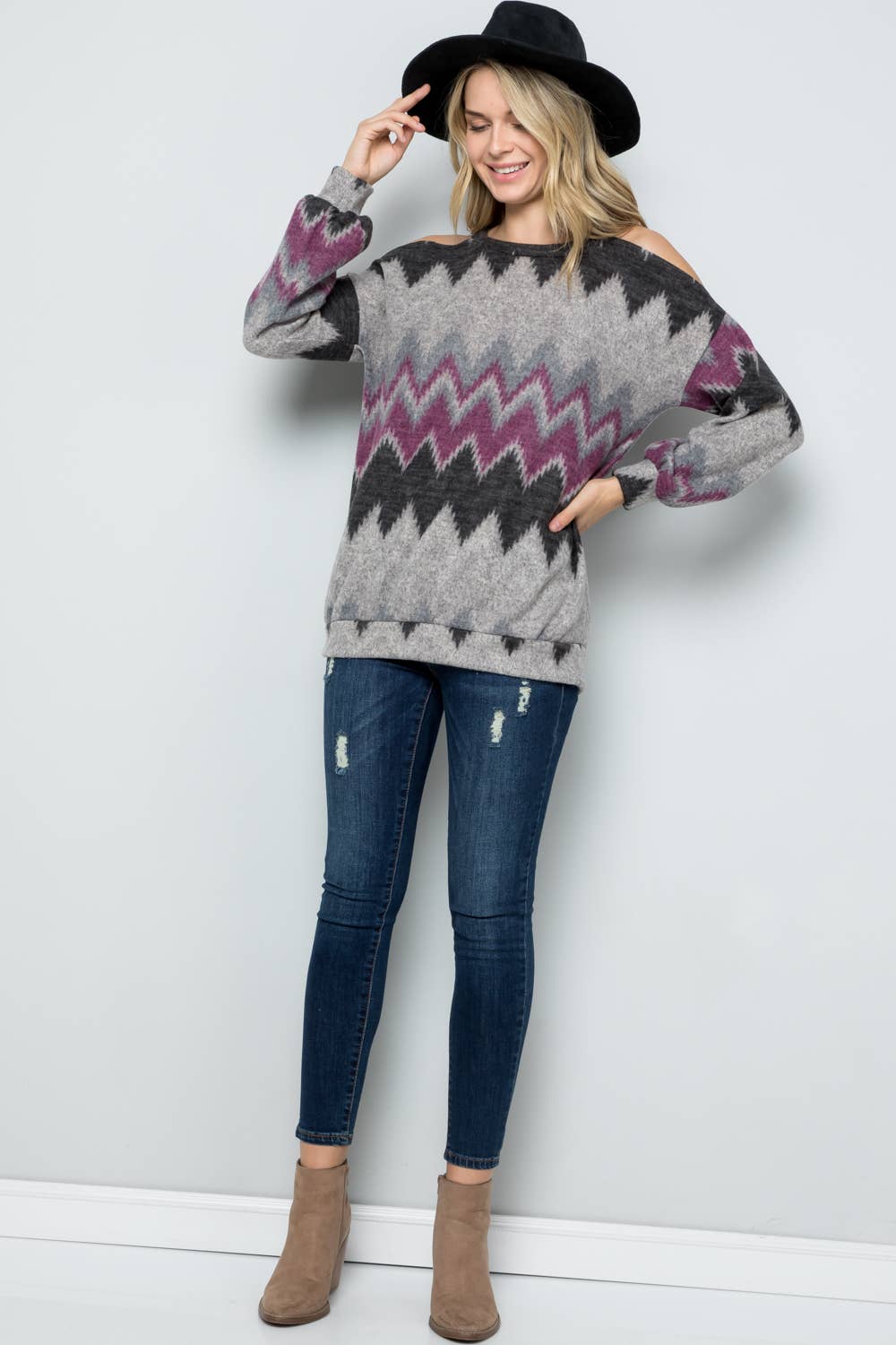 Charcoal Purple OPEN SHOULDER LONG SLEEVE TOP -CT43644E for wholesale on Faire10