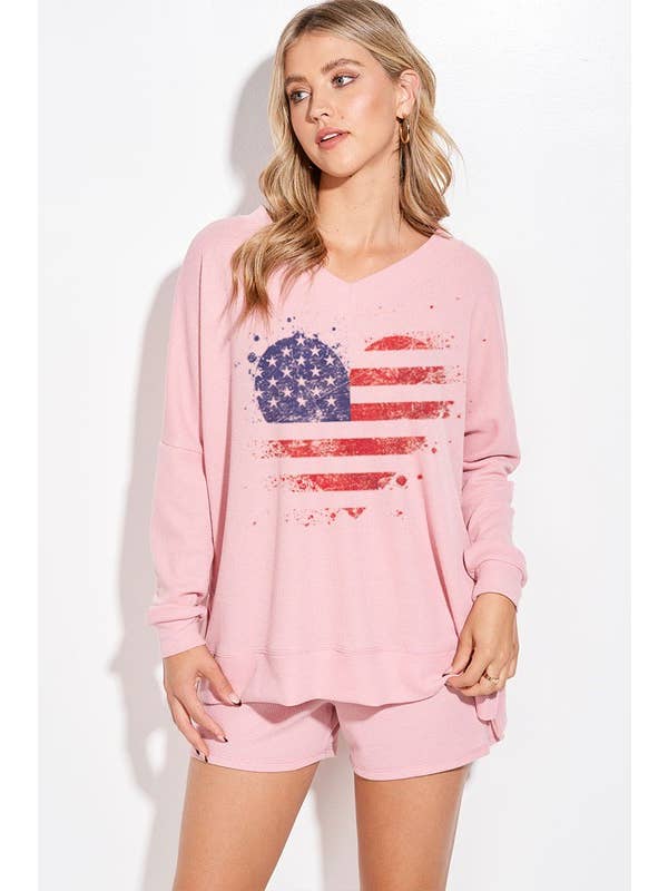 Lemon Tree - Wholesale Lounge Set - Women's - American flag heart v neck loungewear set