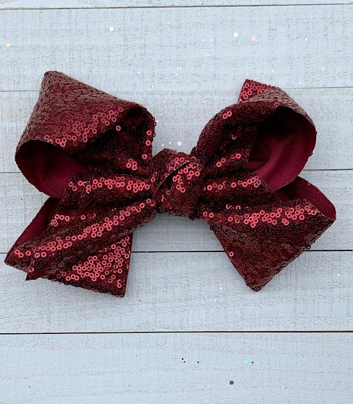 Kids Charm Online - Wholesale Hair Bow - Kids - 7.5" WIDE BURGUNDY SEQUINS HAIR BOWS. BW-275-SQ 5PCS/$10