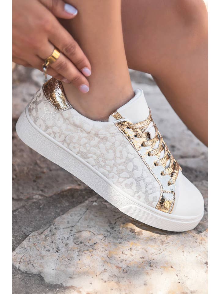 White LDC Leopard Print Glitter Patched PU Leather Lace-up Shoes for wholesale on Faire