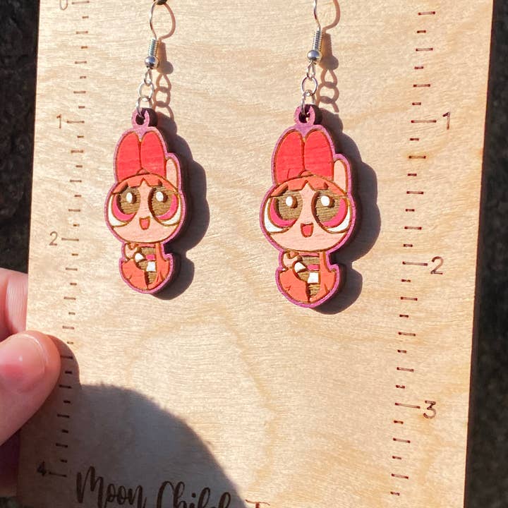 Moon Child Trinkets - Wholesale Dangle Earrings - Powerpuff Girls Blossom Hand Painted Wood Dangle Earrings