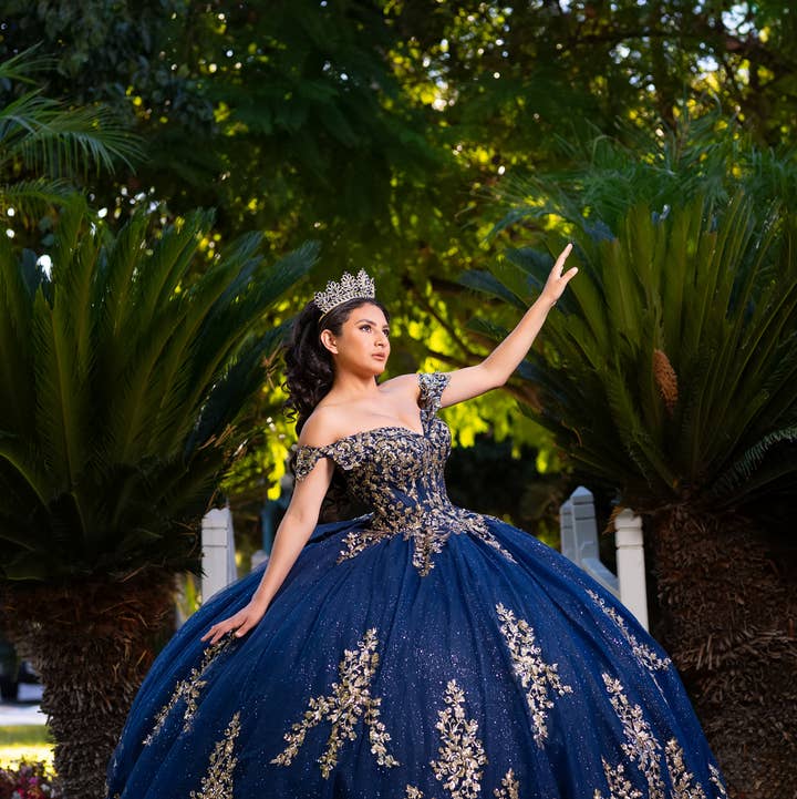 Off the shoulder navy/gold quinceanera dress CHF3134 for wholesale by Chicas