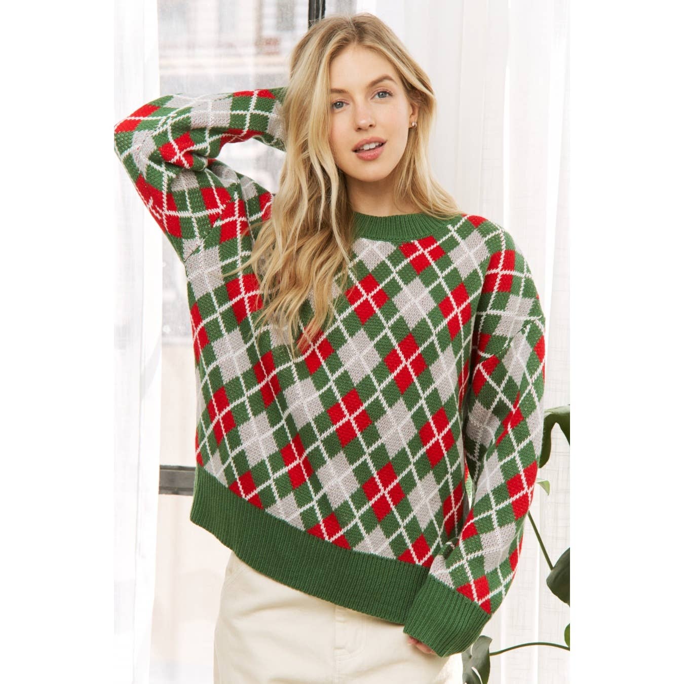 Sweet Generis - Wholesale Knit Sweater - Women's - HOLIDAY ARGYLE PATTERN DROP SHOULDER PULLOVER SWEATER15
