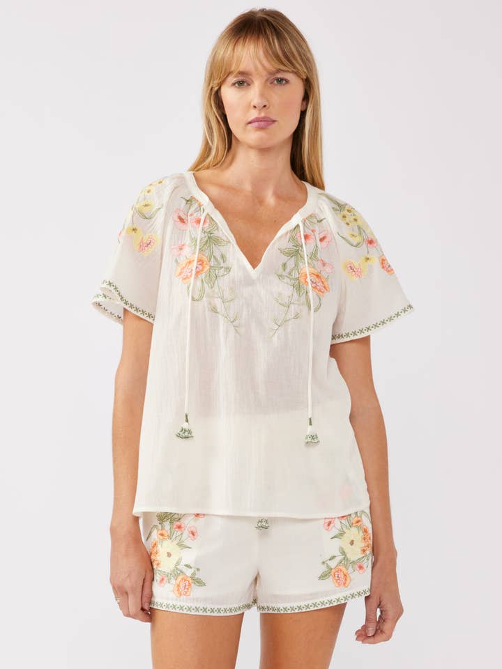 Cream Coral Floral Embroidery Split Neck Short Sleeve Top for wholesale on Faire