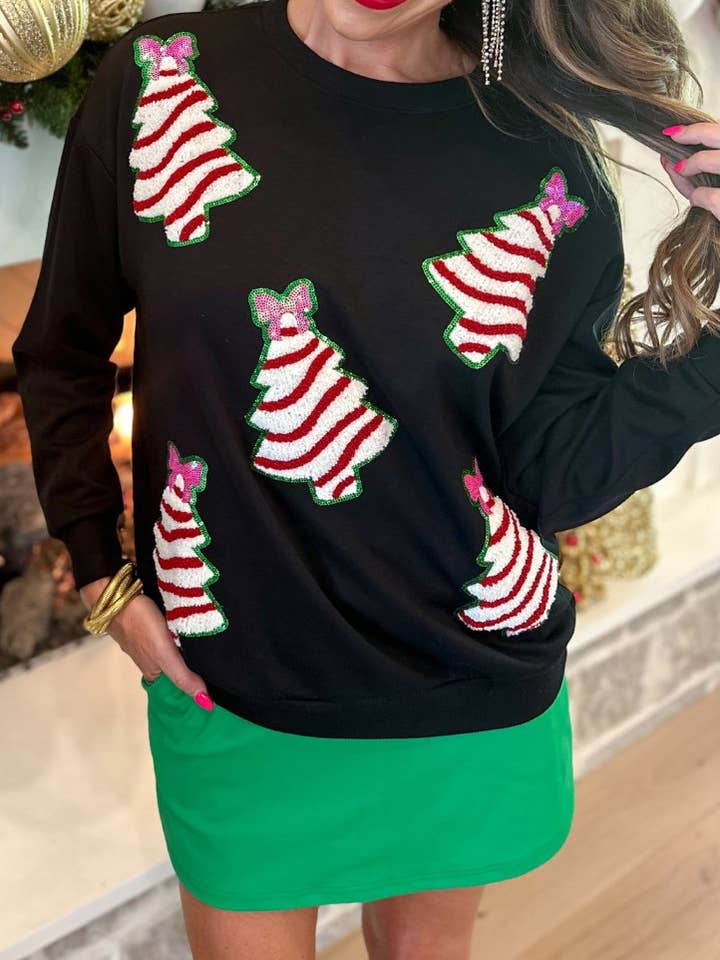 Black Cute Christmas Tree Sequins Slouchy Sweatshirt for wholesale on Faire