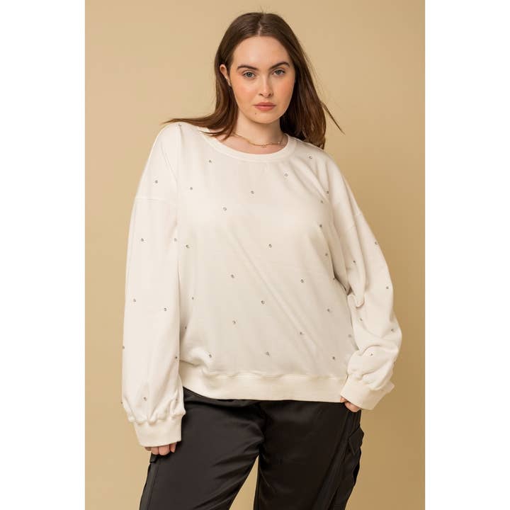 PLUS SIZE RHINESTONE STUDDED LONG SLEEVE RELAXED SWEATSHIRT for wholesale by Curve Market