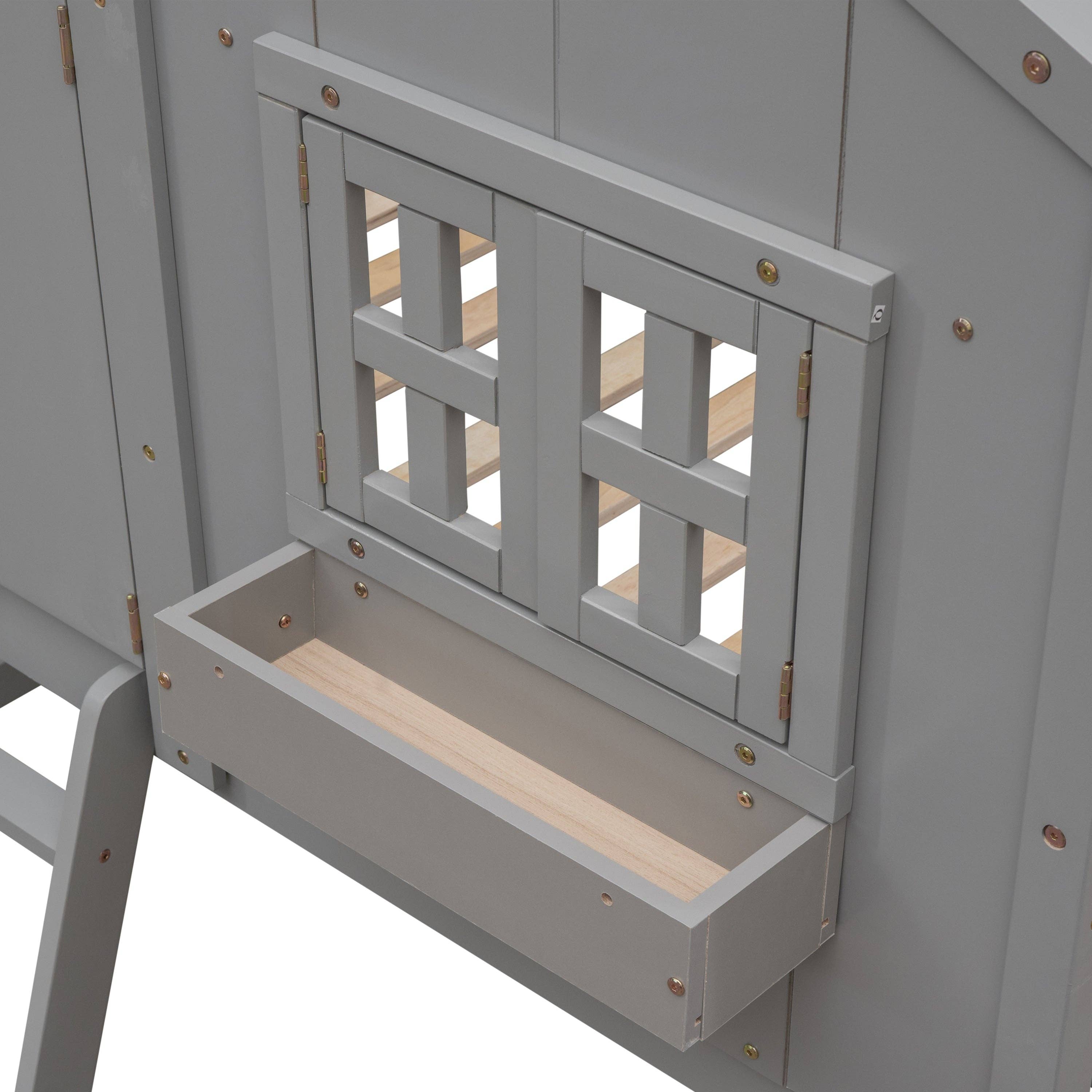 39F Inc. - Wholesale Bed - Kids & Baby - Grey Twin over Twin House Bunk Bed with Roof, Guardrails 11