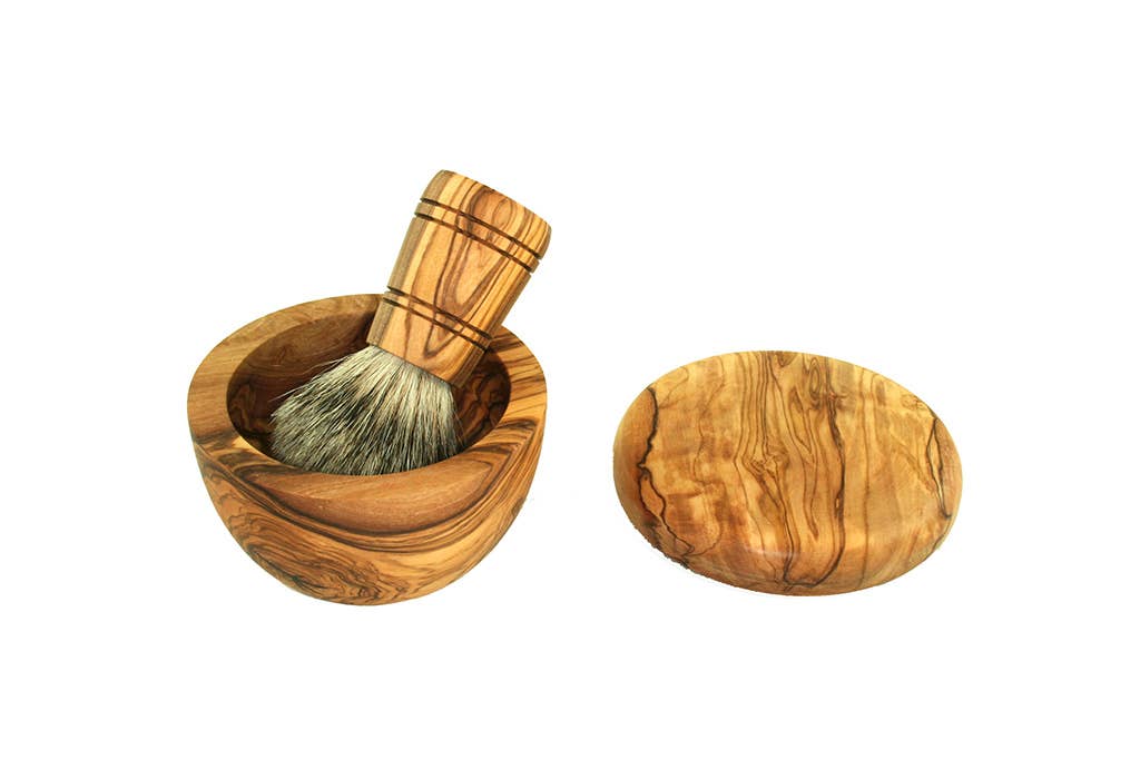 olivenholz-erleben - Vente Assortiment/kit de rasage - Homme - Ensemble de rasage en bois d'olivier avec bol, couvercle et blaireau en poils de blaireau2