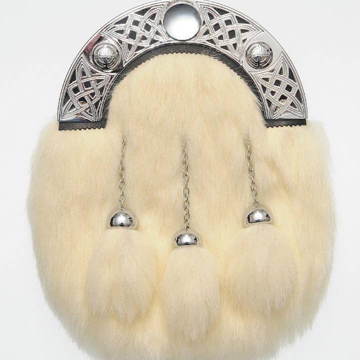 Hel Klänning Chrome Knot Interlink Sporran - Vit Syntetisk Päls för wholesale av The Scotland Kilt Company