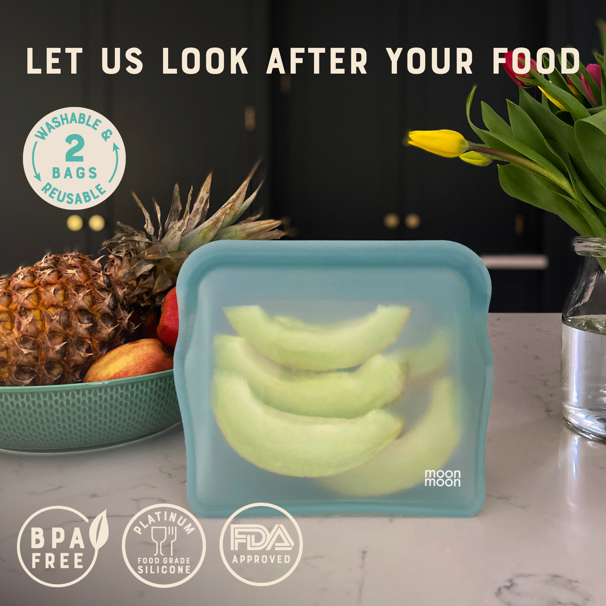 Moonmoon – Engroshandel Indpakning/pose til opbevaring af mad – Genanvendelige silikonemadposer | XL stående fryseposer i blå1