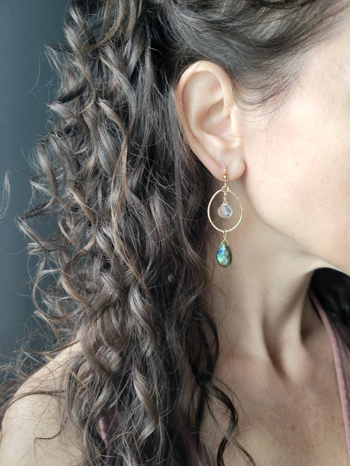 Labradorite Quartz Dangle Hoop Earrings for wholesale by Leo Eleven Jewelry