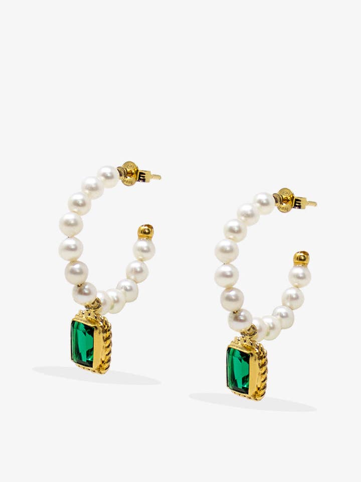 Luccichio Green Quartz And Pearl Hoop Earrings for wholesale by Vintouch Jewels