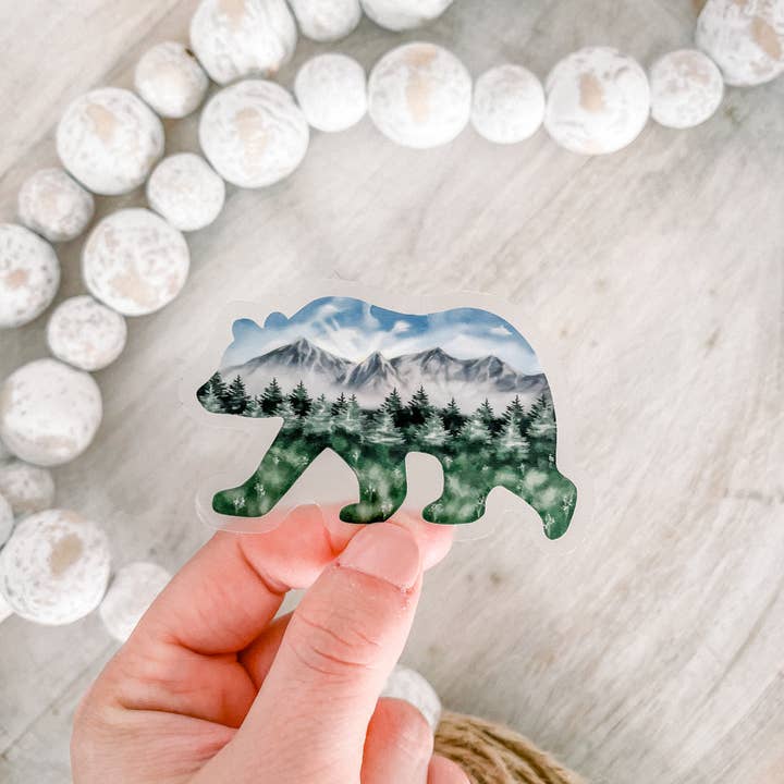 Bear Mountain Scene Clear Vinyl, Sticker, 3x3 in. for wholesale by Savannah and James Co