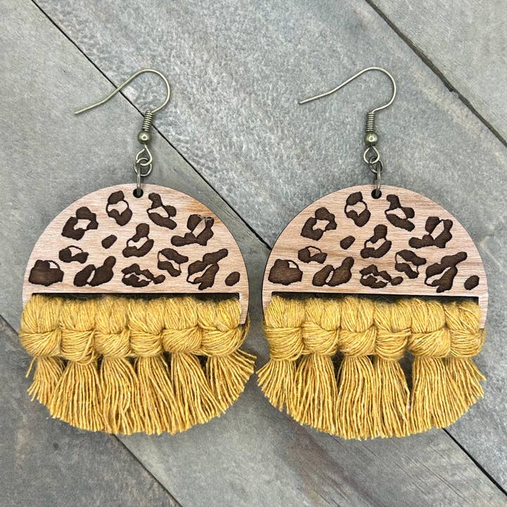Leopard Print Fringe Half Circle - Mustard for wholesale by HK Macrame Jewelry