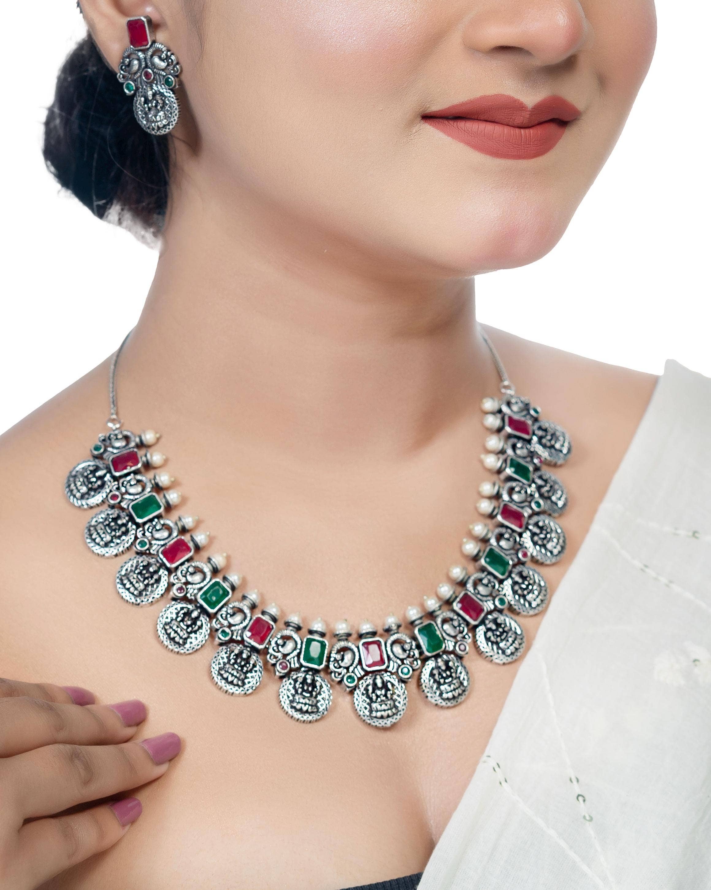 Vastrabhushan – wholesale Jewellery set – Indian Oxidised Stone Necklace Set Silver Plated Handmade2