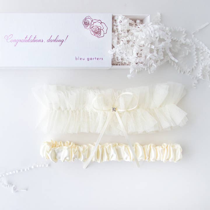 Ivory Tulle Garter with Toss Garter (new version!) for wholesale by Bleu Garters