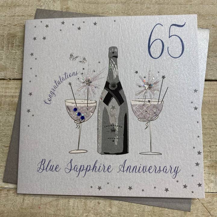 65th Blue Sapphire Anniversary Card With Champs (DAA65) for wholesale by White Cotton Cards