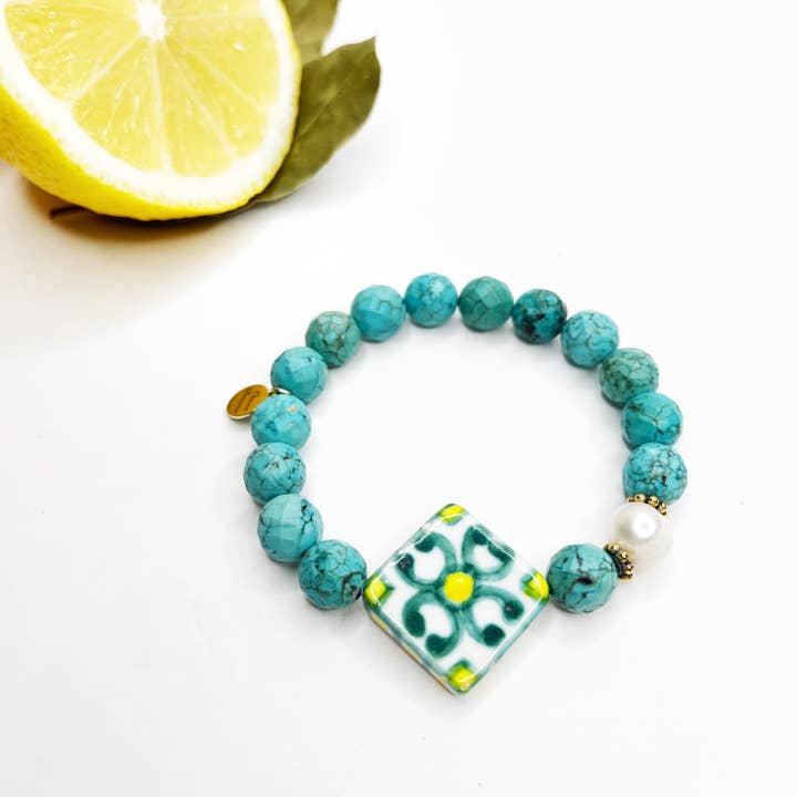 Grünes Türkis mit handbemalter Keramikfliese für den Großhandel von Oriana Lamarca Designs