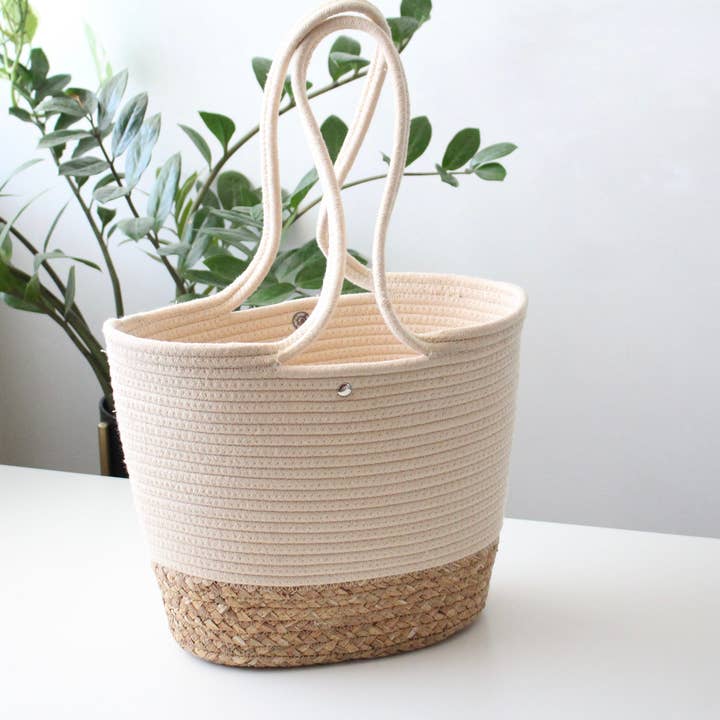 Two Tone Farmers Market Grocery Tote Shoulder Bag in Jute and Cottom for wholesale by Sprout & About