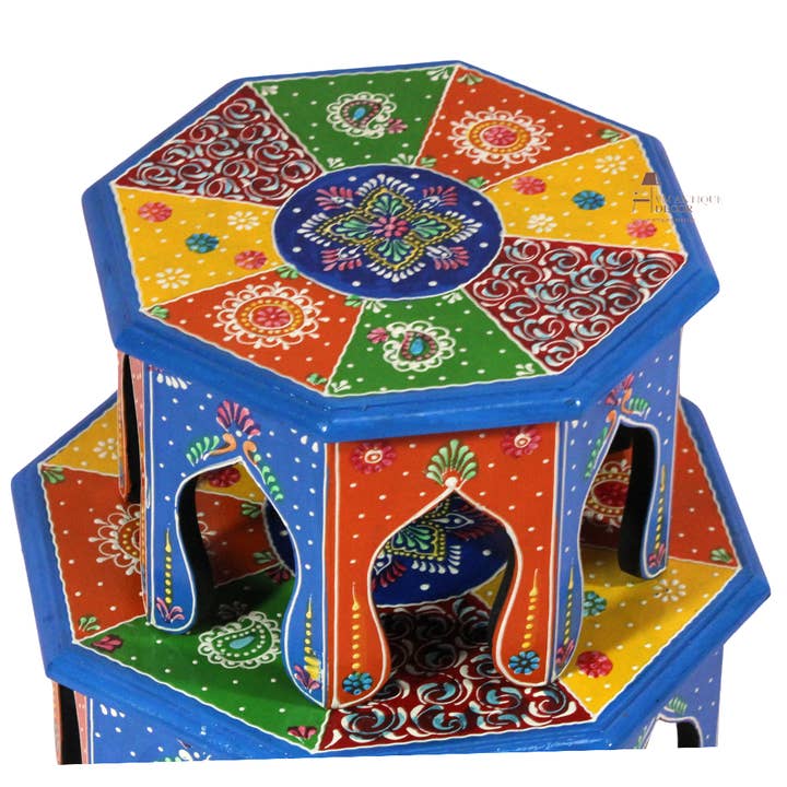 Hand-Painted Octagonal Wooden Stools with Traditional Design for wholesale by VIRATRA ART DECOR