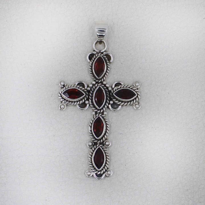 Handmade Sterling Silver Garnet Cross Pendant for wholesale by Silvex Jewelry