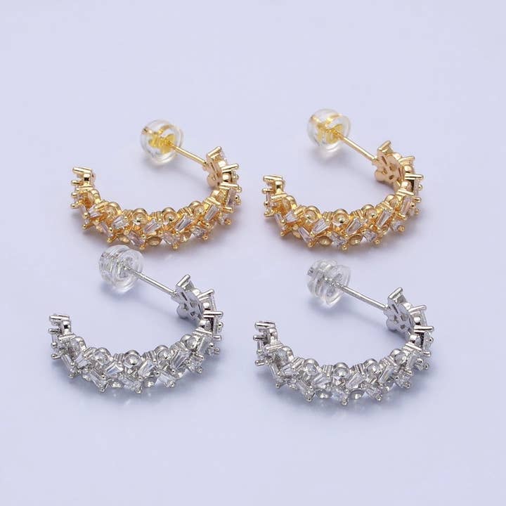 Orecchini a Cerchio a forma di C a forma di C rivestiti in oro 16 carati con baguette trasparenti foderati a zig-zag da 20 mm in oro e argento | AB508 AB514 per la vendita all'ingrosso da parte di Aim Eternal