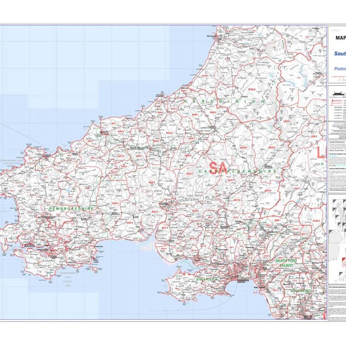 Sydvästra Wales väggkarta för postnummer - Sektorkarta 10 för wholesale av Map Marketing Limited