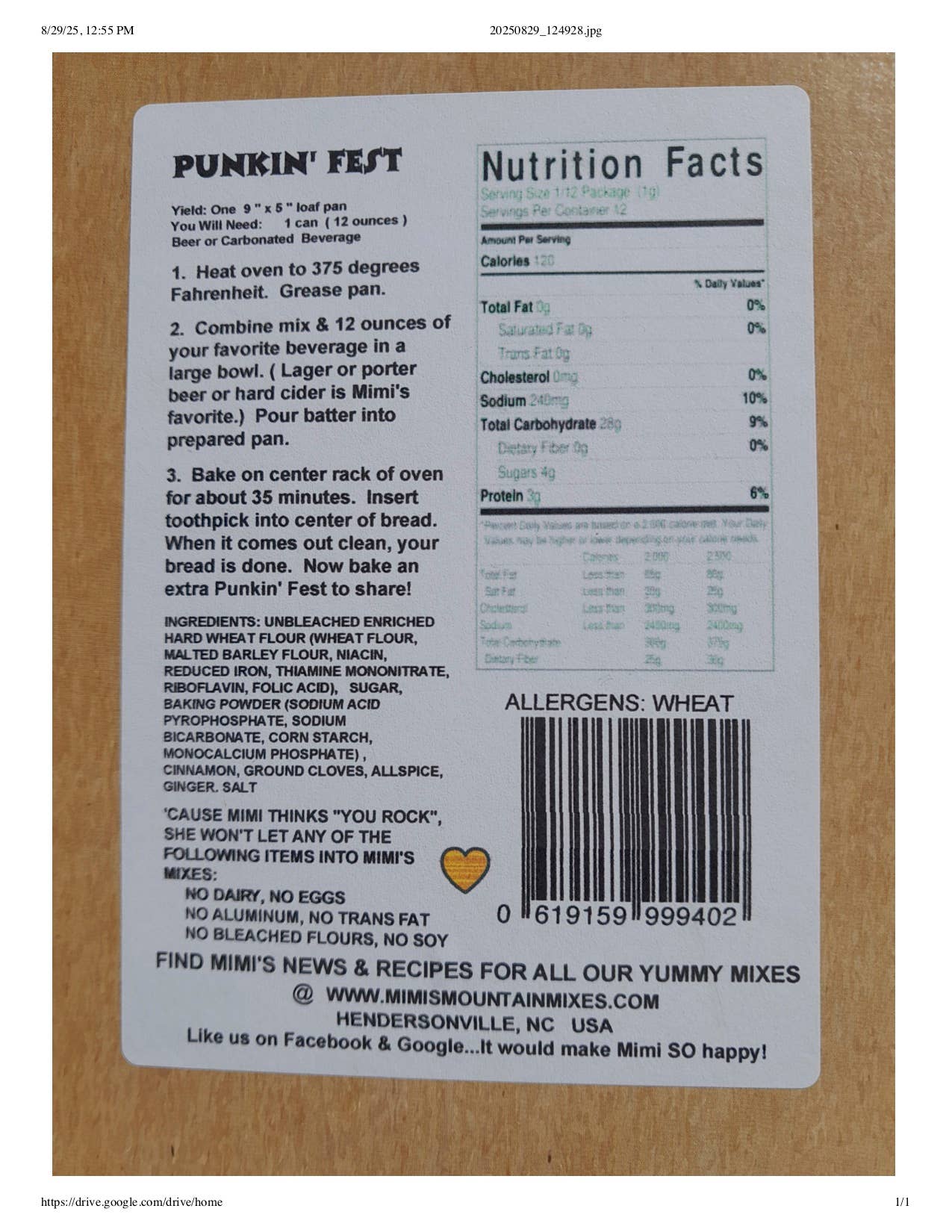 Mimi's Mountain Mixes - Wholesale Bread Mix - PUNKIN' FEST BEER BREAD MIX1