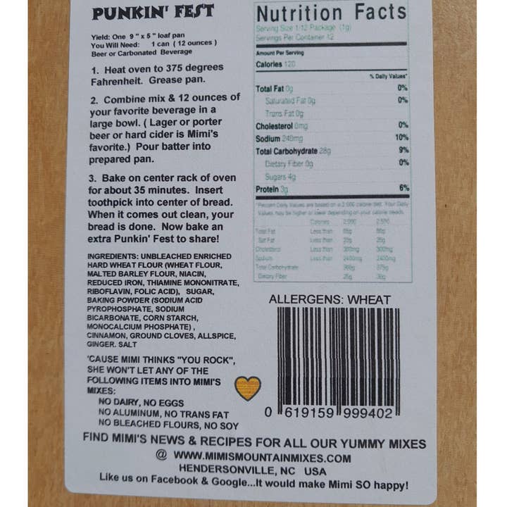 Mimi's Mountain Mixes - Wholesale Bread Mix - PUNKIN' FEST BEER BREAD MIX1
