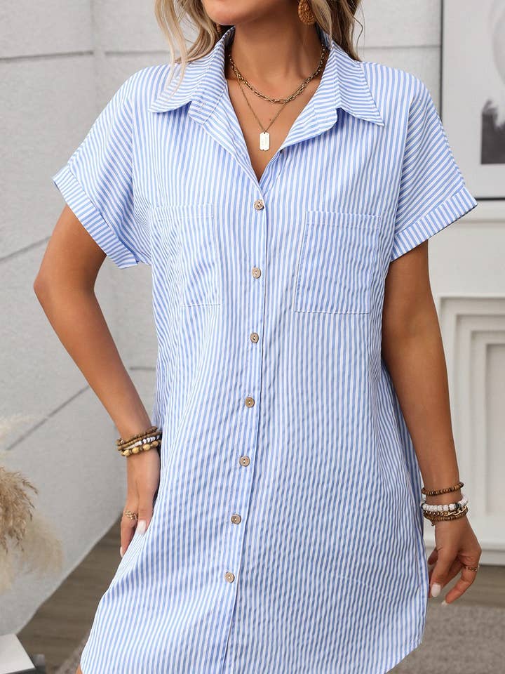 NINEXIS - Wholesale Dress - Women's - CWDSD7263_STRIPED COTTON AND LINEN MIDI SHIRT DRESS