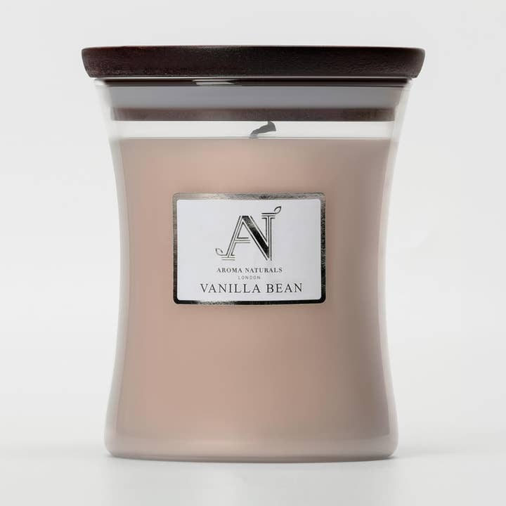 Vanilla Bean Scented Candle Jar, Wooden Lid, 320g for wholesale by Aroma Naturals