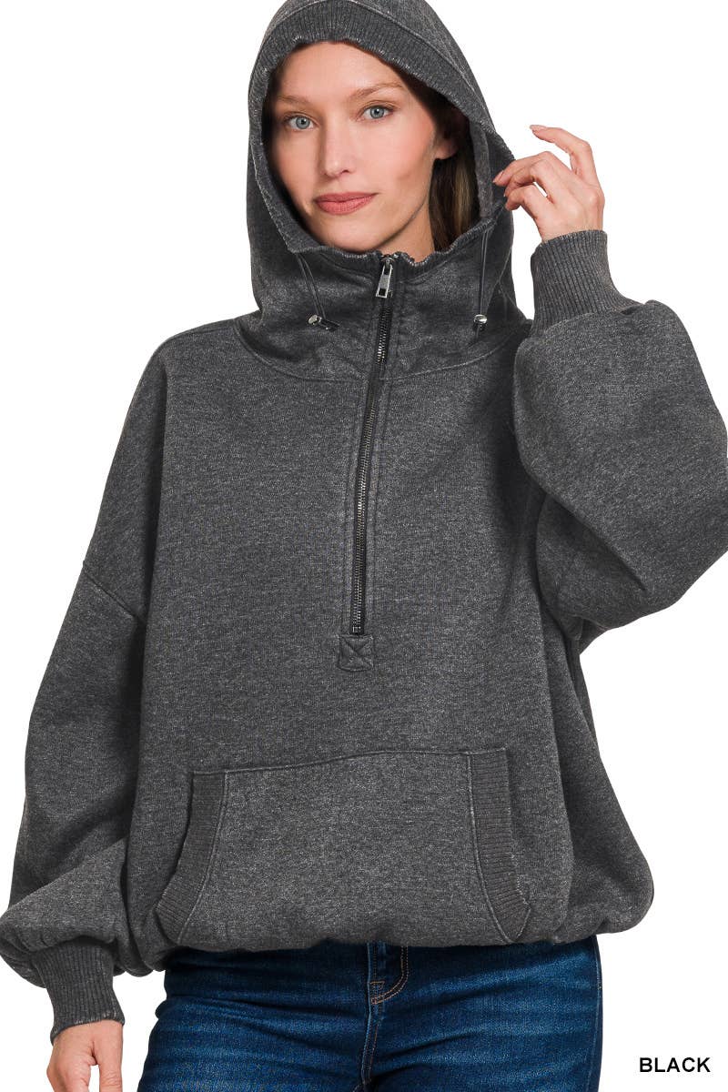 Vanilla Monkey - Wholesale Hoodie - Women's - Washed Drawstring Hem Half Zip Kangaroo Hoodie0