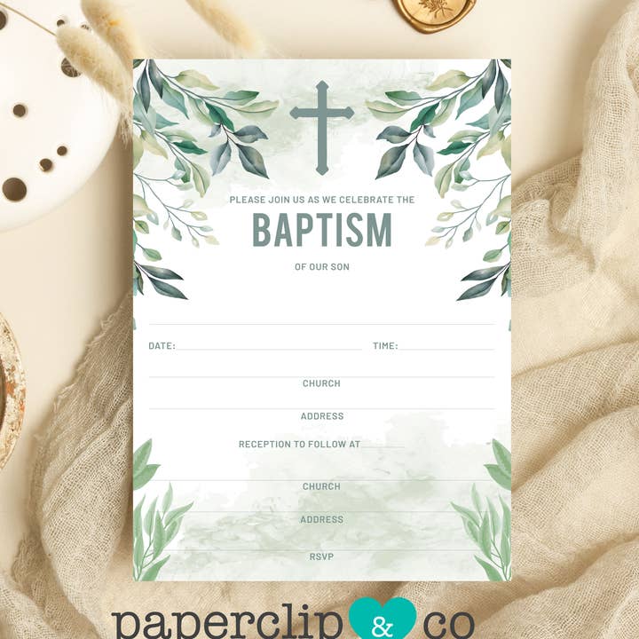 Green Leaves Doop Fill-in-the-blanks uitnodigingspakketten voor wholesale door Paperclip & Co