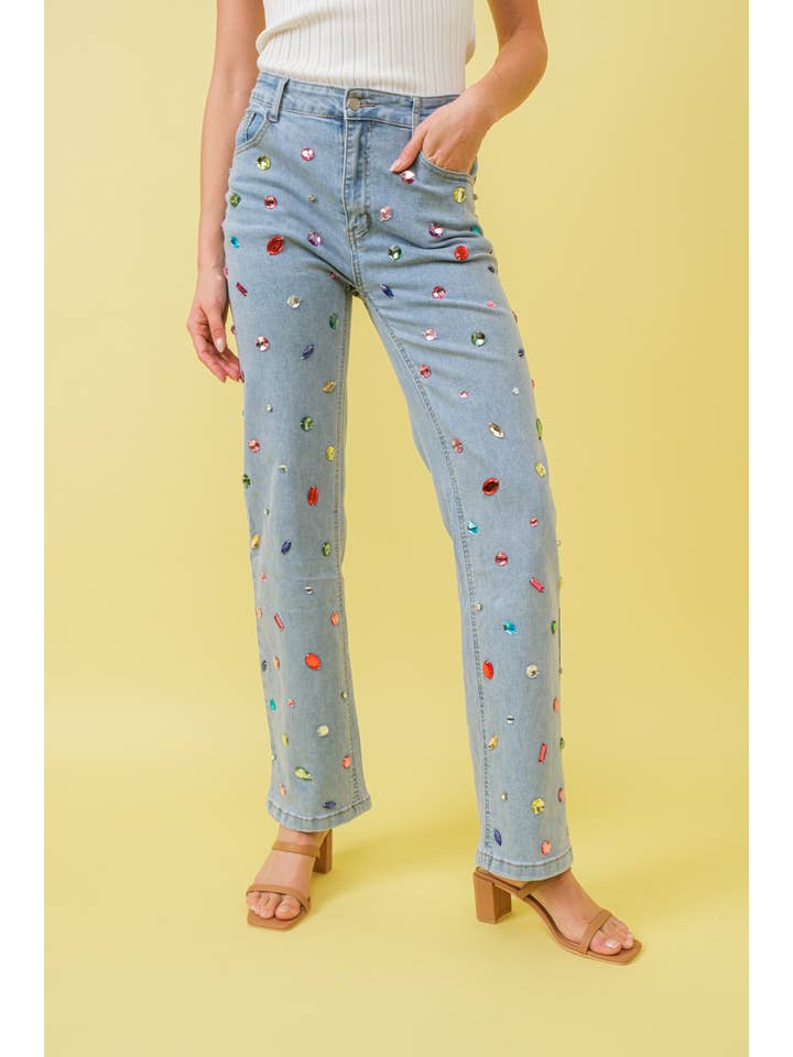 LIGHT WASH 61253P - Mid Rise Rainbow Jewel Embellished Denim Jeans for wholesale on Faire