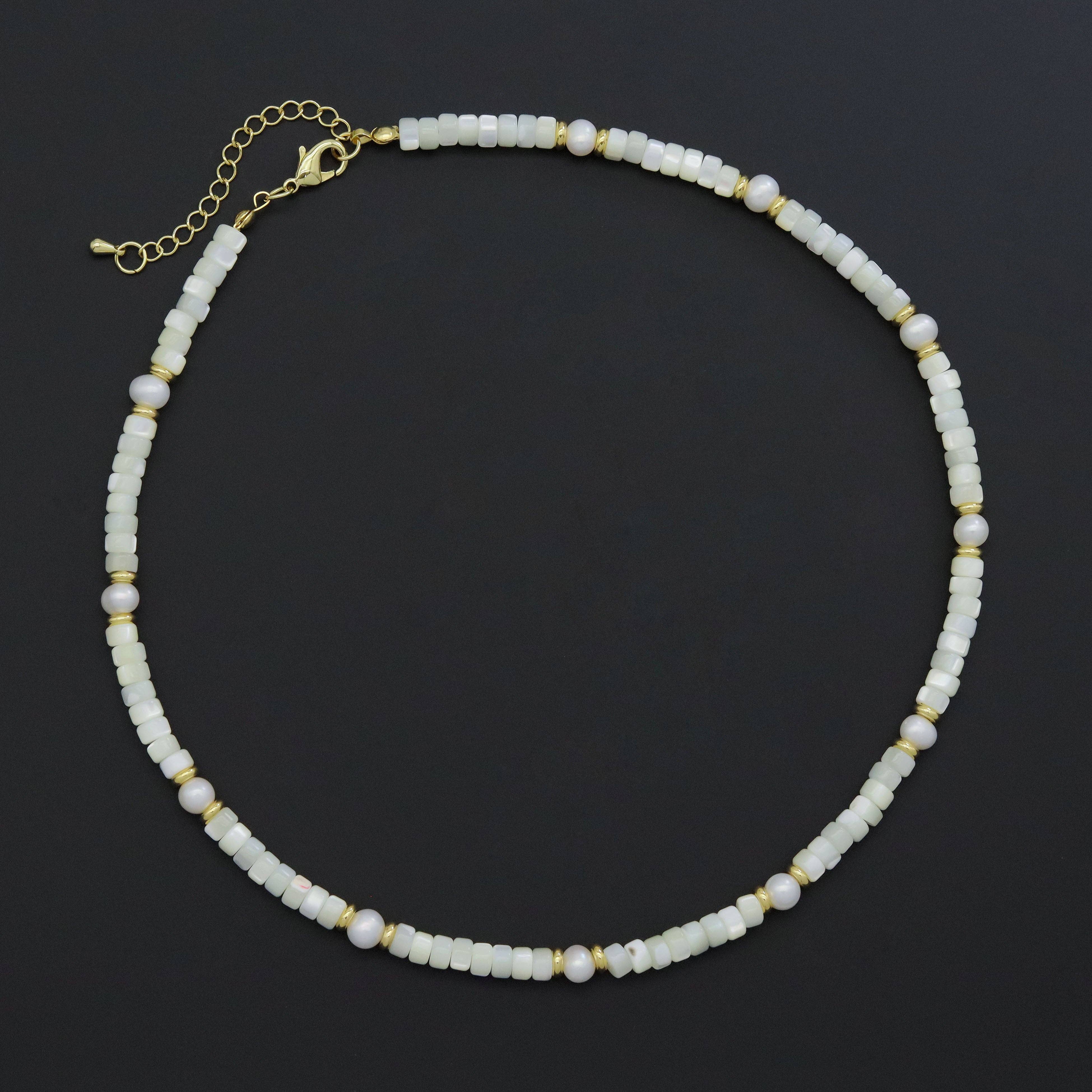 BestBeads&Beyond - Wholesale Beaded/Pearl Necklace - Natural Mother of Pearl Heishi Beads with Gold spacer neckla0