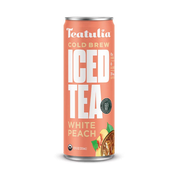 White Peach Organic Unsweetened Iced Tea Can for wholesale by Teatulia Organic Teas