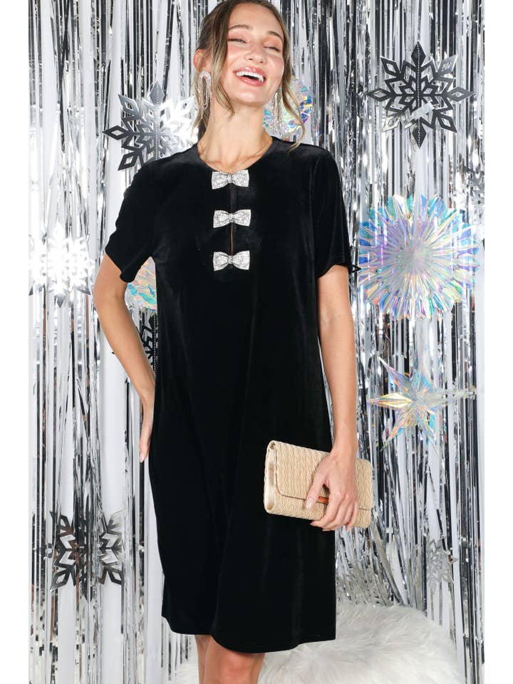 Vine & Love - Wholesale Dress - Women's - Sparkling Sequin Bow Embellished Velvet Dress VD8273728