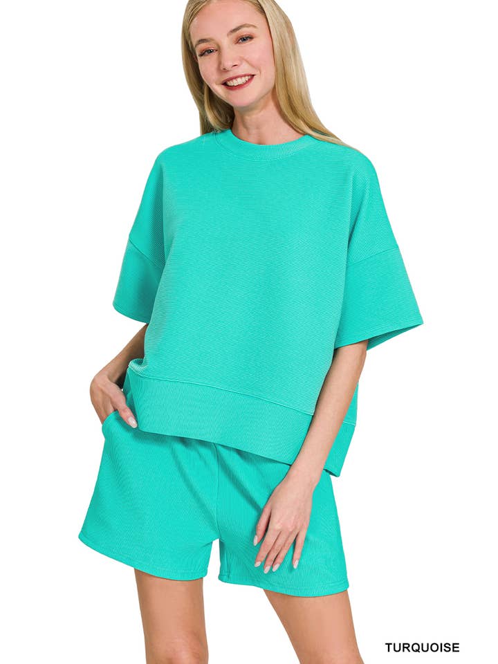 42POPS - Wholesale Lounge Set - Women's - ....SI-27738 Ribbed Round Neck Waist Banded Tee & Shorts 2PC Set