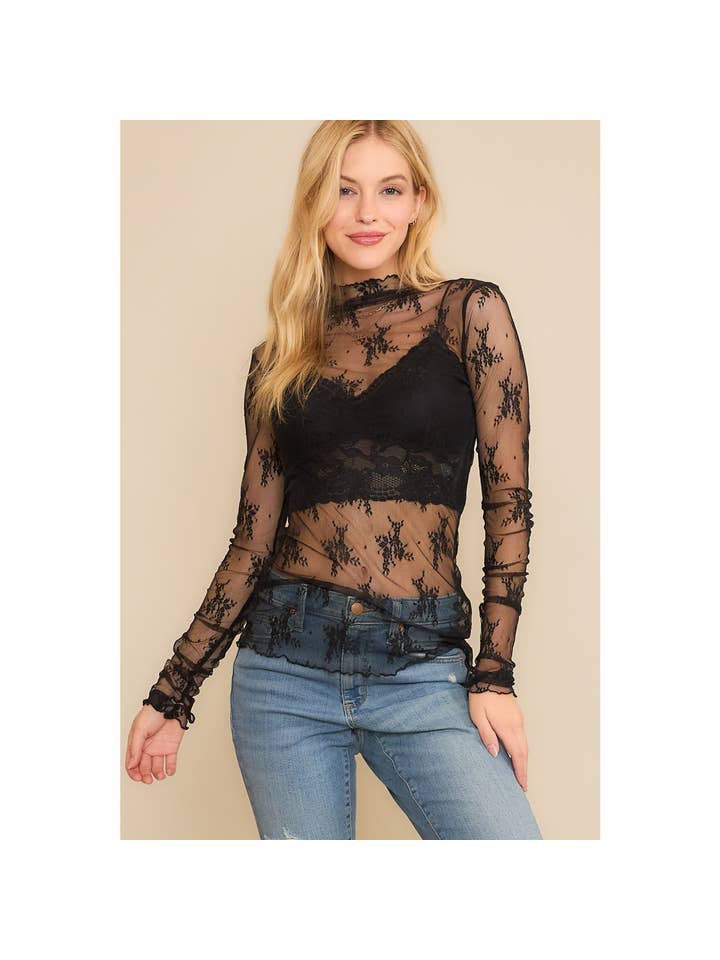 Sweet Generis - Wholesale Knit Top - Women's - MESH LACE HIGH NECK DESIGN LONG SLEEVE FITTED TOP