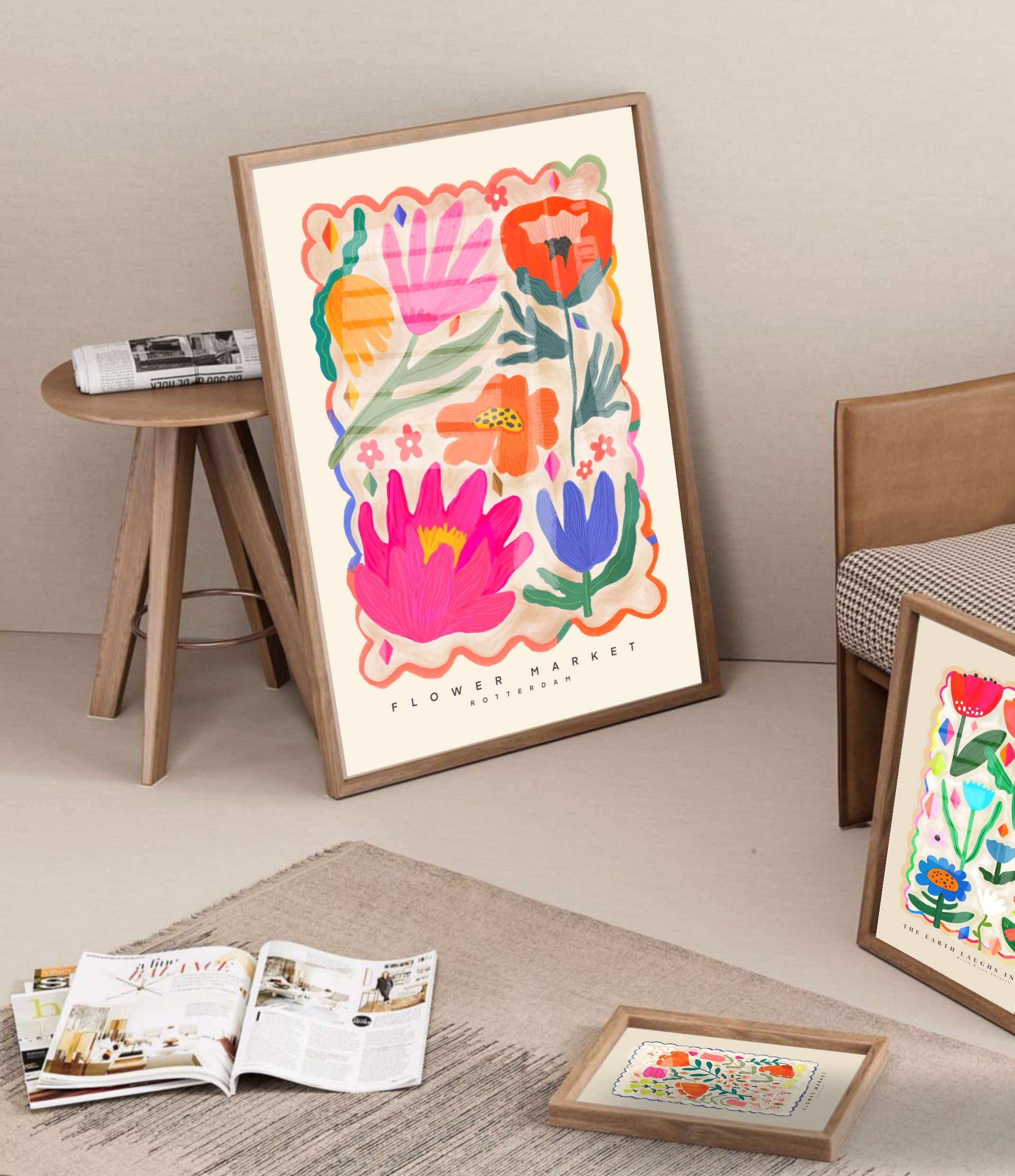 Kate Fox Design – wholesale Art print – Colourful Flower Market Print, Illustration, Modern, Pink2