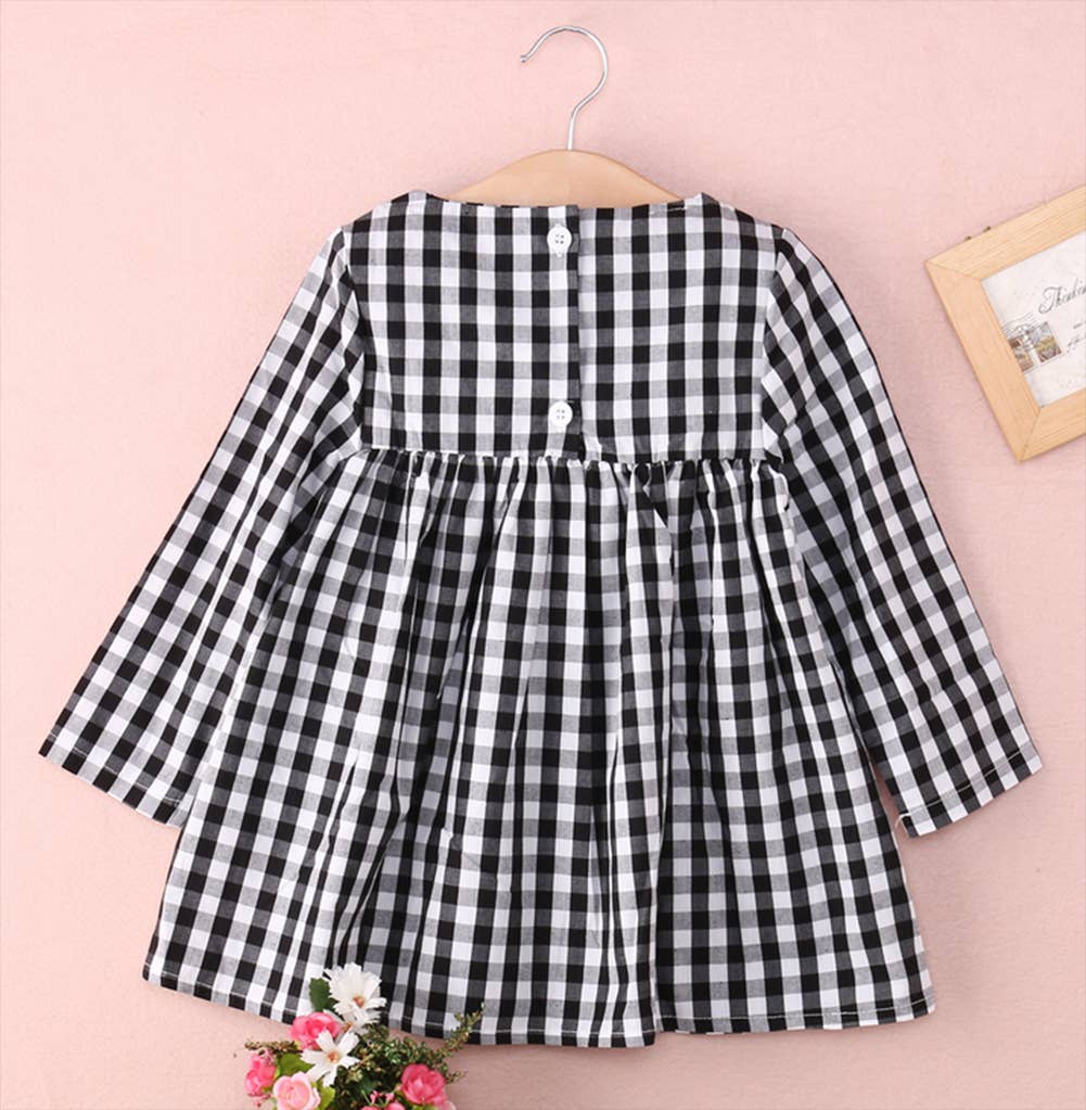 Fennco Styles – Vestido - Crianças por atacado – Vestido de Menina Preto & Branco Gingham Algodão2