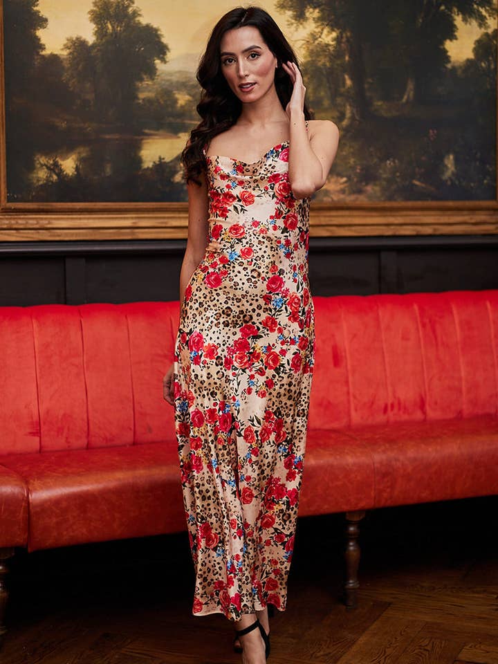 Cowl Neck Cami Dress in Leopard Rose Print for wholesale by ANGELEYE