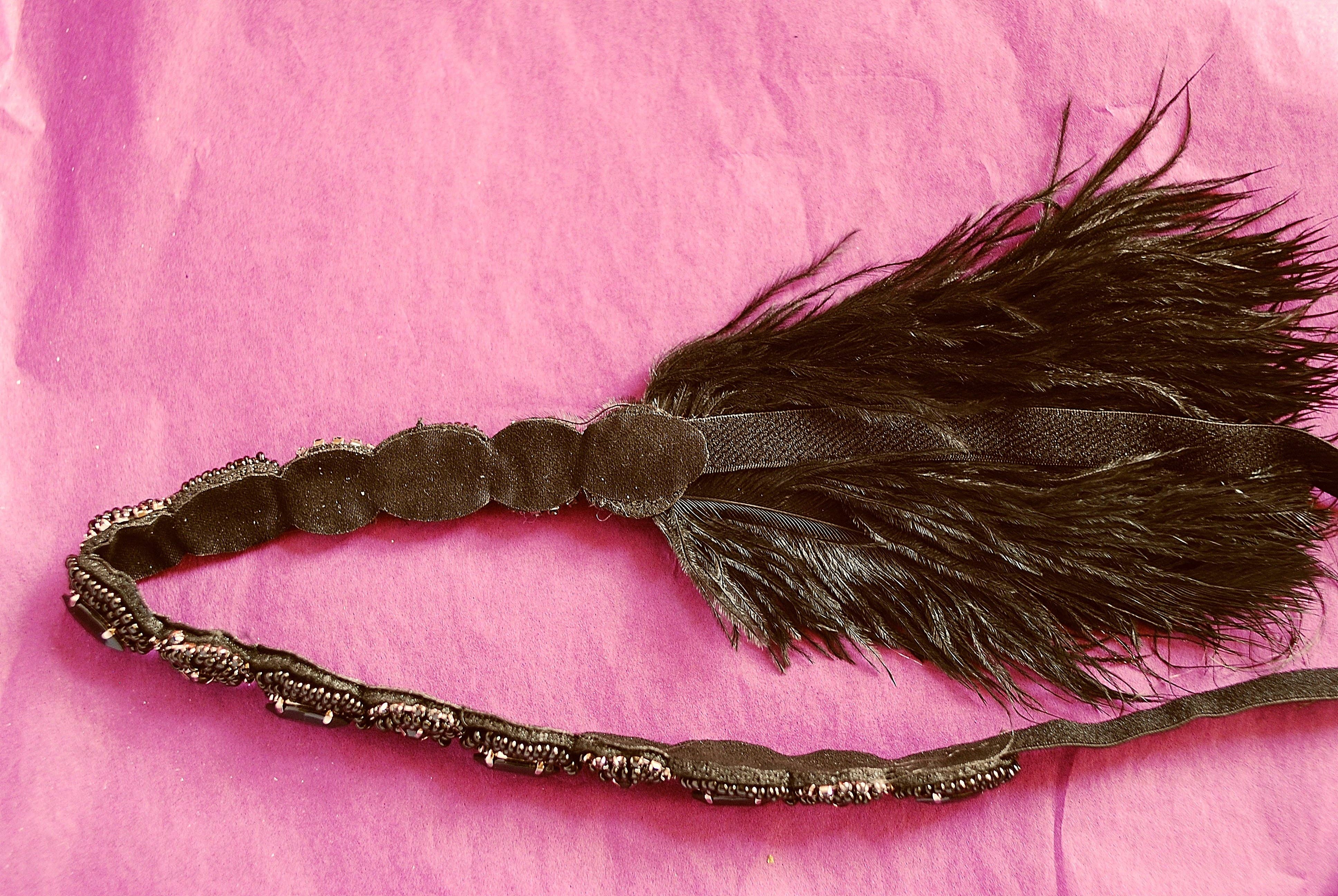 QueenMee Accessories - Wholesale Fashion Headband - Women's - 1920s Headpiece in Black with Peacock Feathers and Beading1