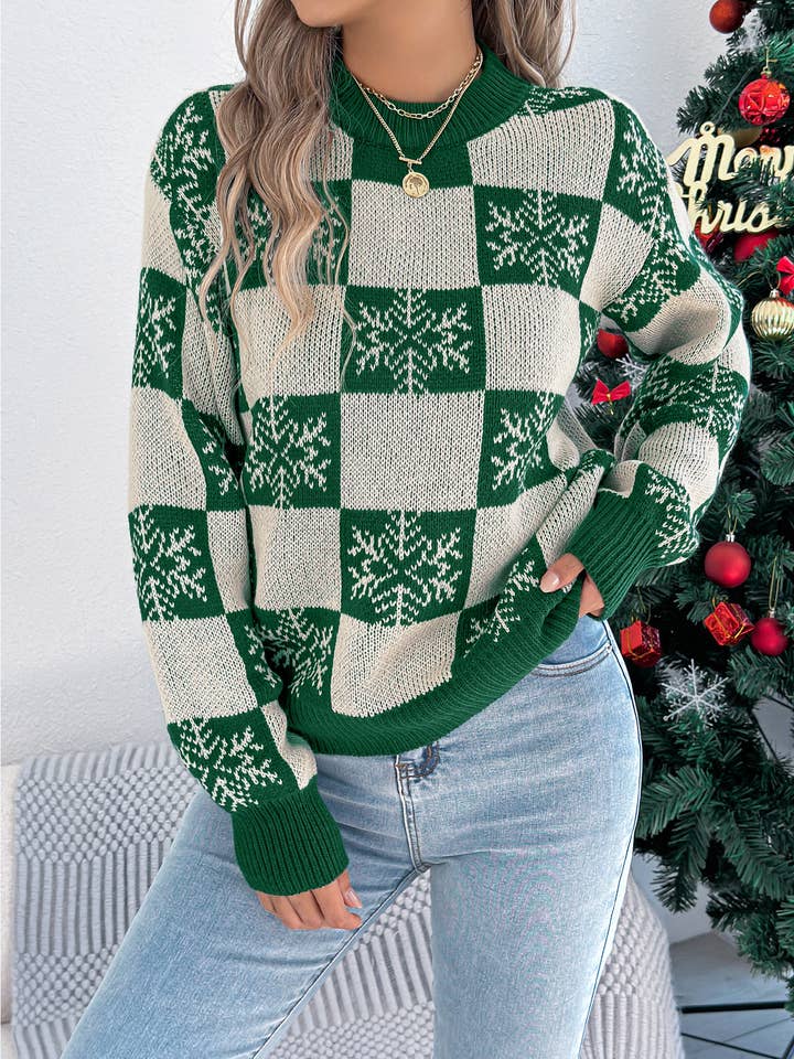Colorblock Checkered Snowflake Christmas Pullover Sweater for wholesale by Comely Fashion