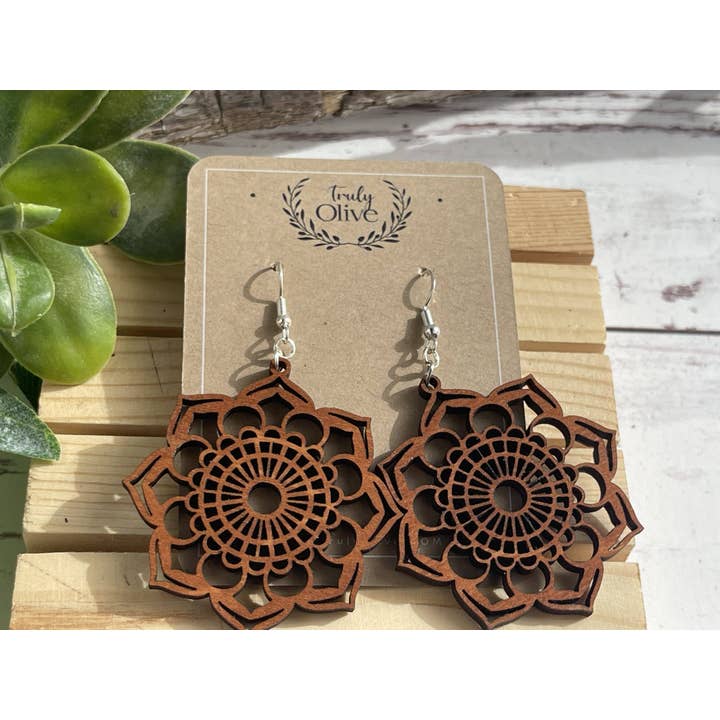 Introducing the Exquisite Lightweight Wood Mandala Earrings for wholesale by Truly Olive