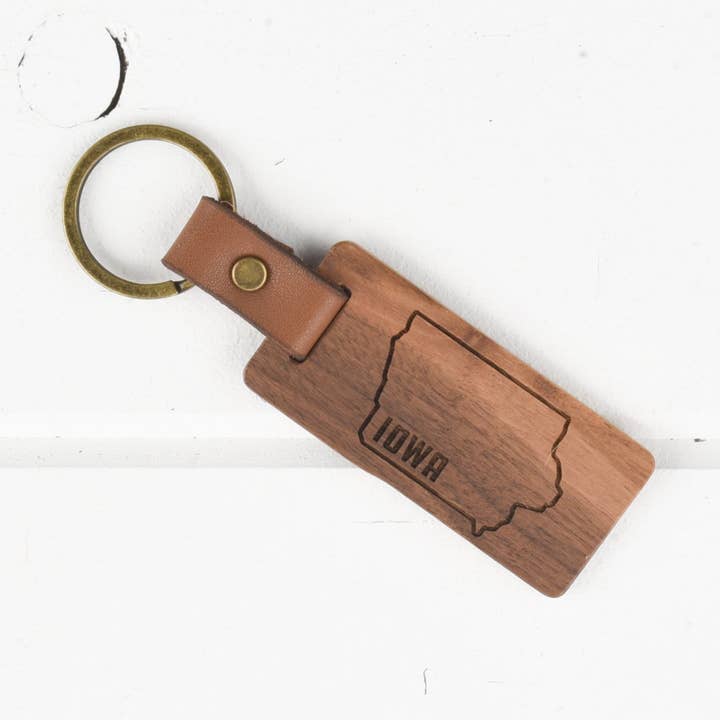 Iowa Wood/Leather Keychain for wholesale by Classic State