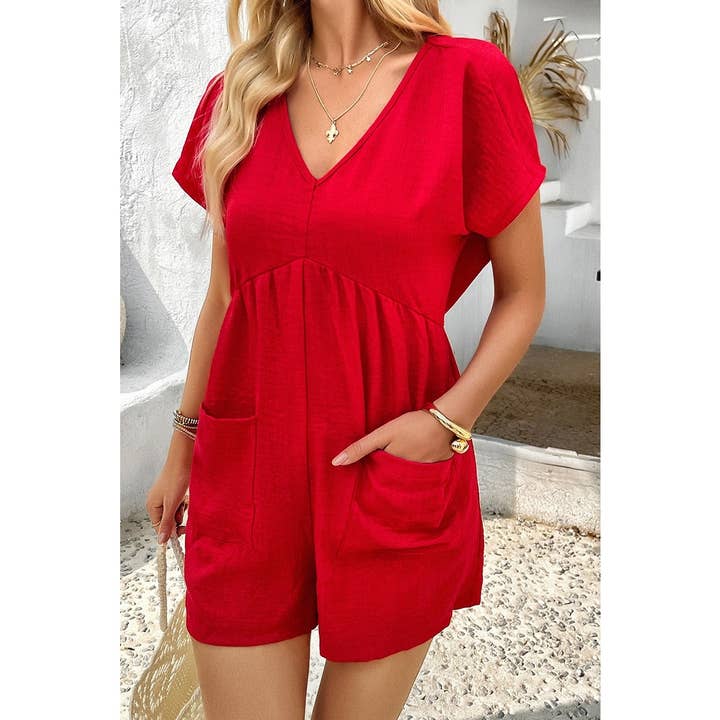 Solid Deep V Neck Drop Shoulder Loose Pockets Romper for wholesale by Supreme Fashion