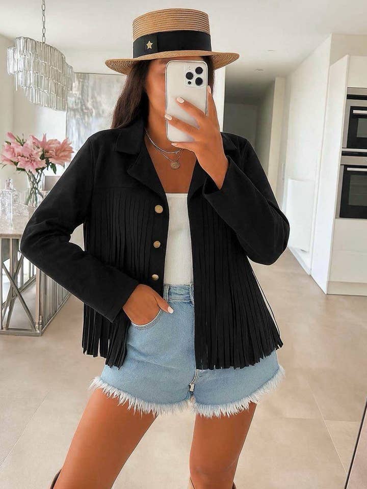 Black Montana Suede Fringe Jacket-Black for wholesale on Faire0