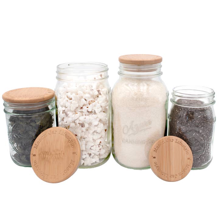 Bamboo Storage Stopper Lids for Mason Jars and other Purchase Wholesale eco friendly to go containers. Free Returns & Net 60 Terms on Faire trending on Faire.